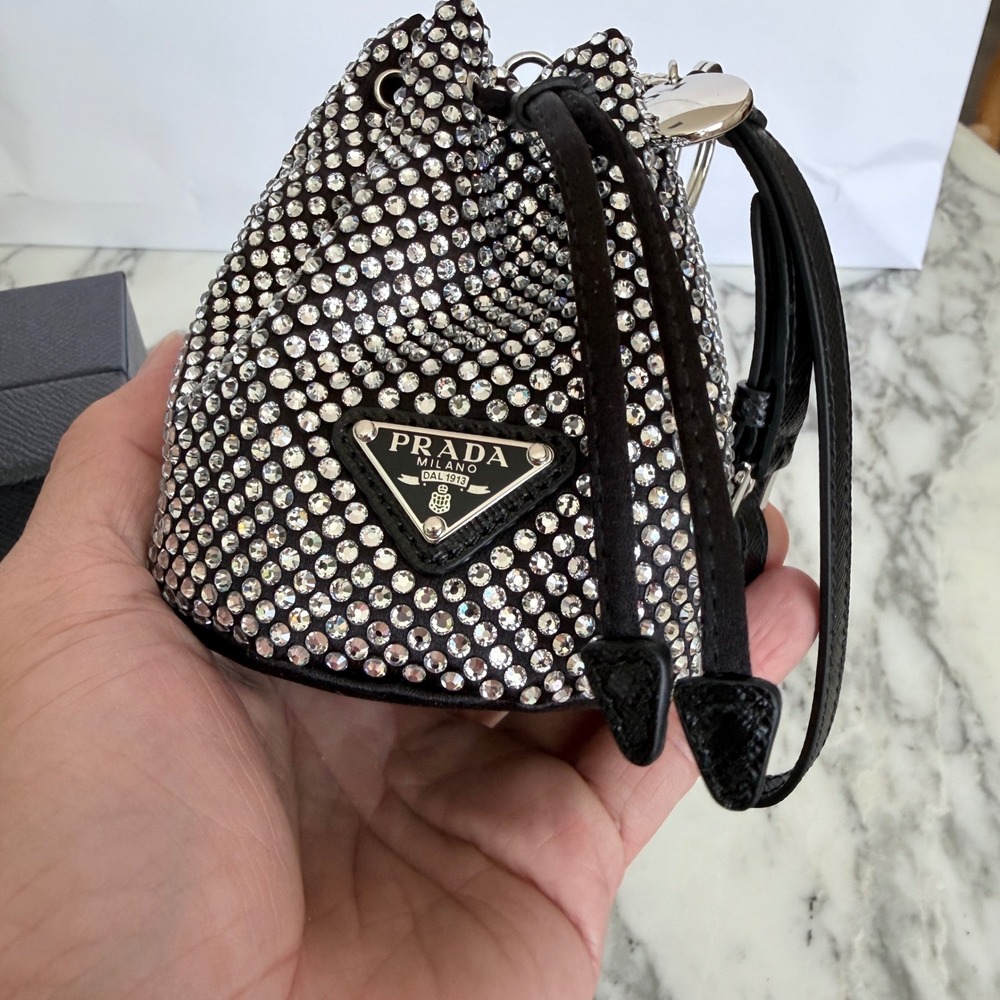 Prada Crystal Satin Micro Pouch Trick Black Rhinestone Bag Charm 1TT202 Italy
